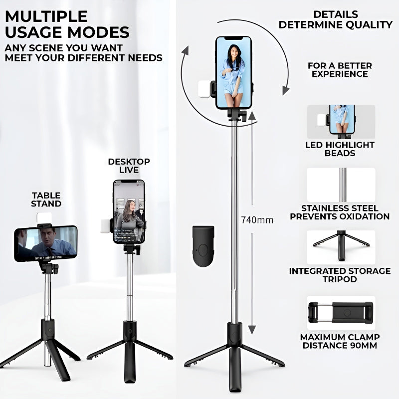 Selfie Stick Tripod with LED Fill Light and Detachable Remote,
