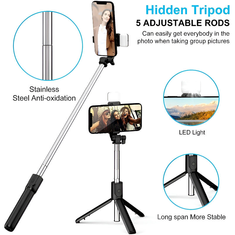 Selfie Stick Tripod with LED Fill Light and Detachable Remote,