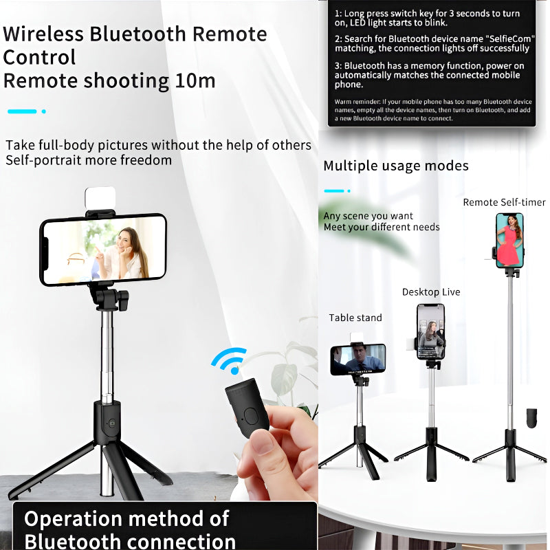Selfie Stick Tripod with LED Fill Light and Detachable Remote,